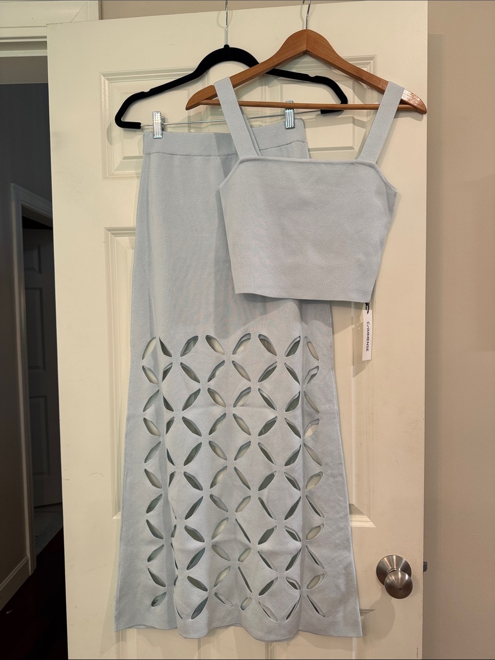 Commense Pale Blue Cutout Maxi Skirt & Crop Top Set
